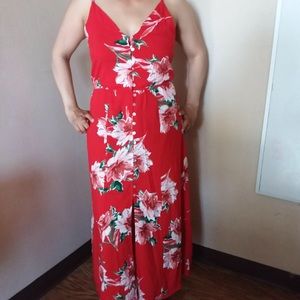 Long red floral summer dress